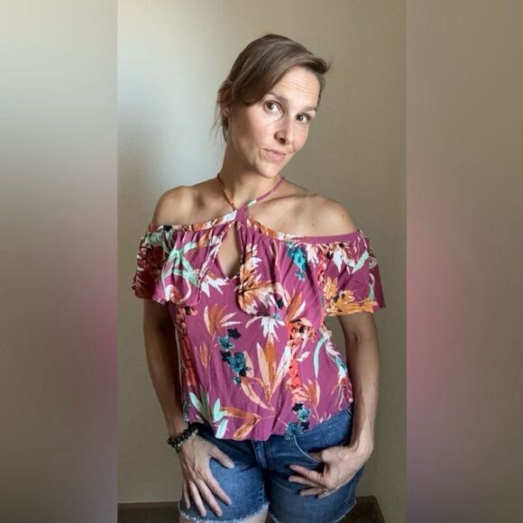 Express Floral Top Off Shoulder Tropical Ruffle Pink Purple Hawaiian - Picture 2 of 12